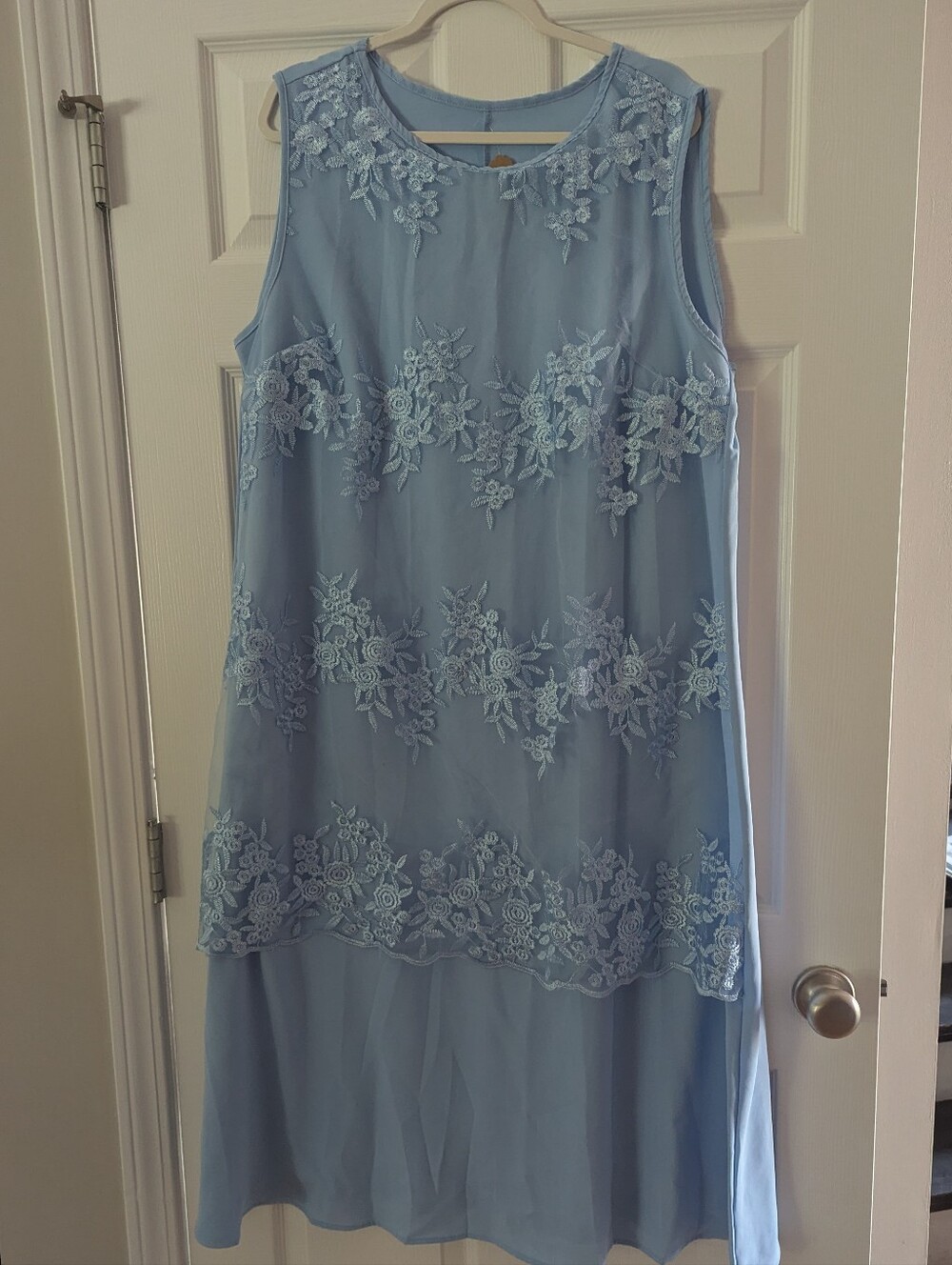 Light Blue Lace Overlay Sleeveless Dress Floral Embroidered Chiffon Midi Dress